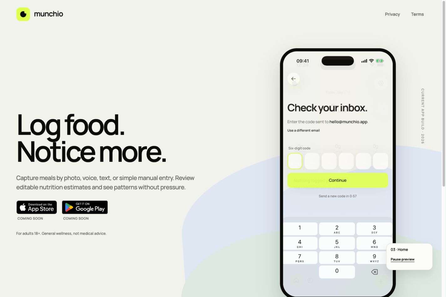 Munchio food diary landing page and mobile app preview