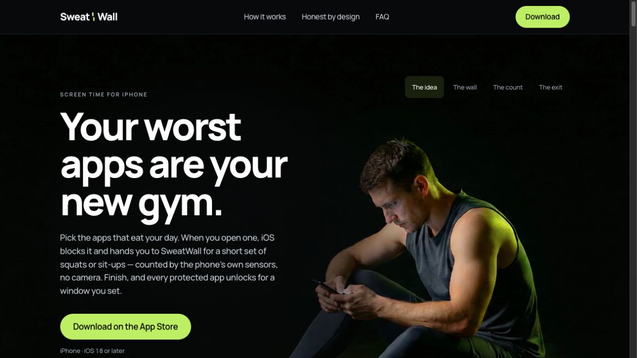 SweatWall screen time fitness app landing page
